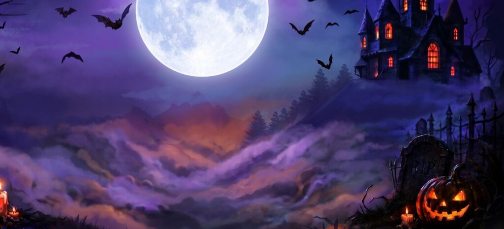 Halloween Party haunted mansion under a full moon