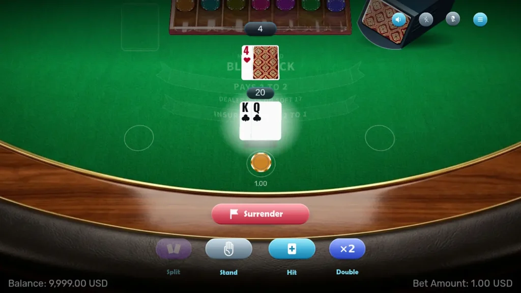 Multihand Blackjack table with an active hand and three betting positions